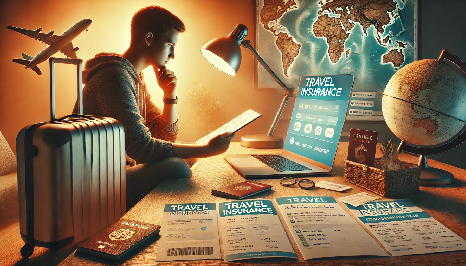 How to Choose the Right Travel Insurance Plan DALL·E 2024-09-23 17.18.36 – A horizontal image depicting the process of choosing the right travel insurance plan. The scene includes a traveler sitting at a desk with a laptop op