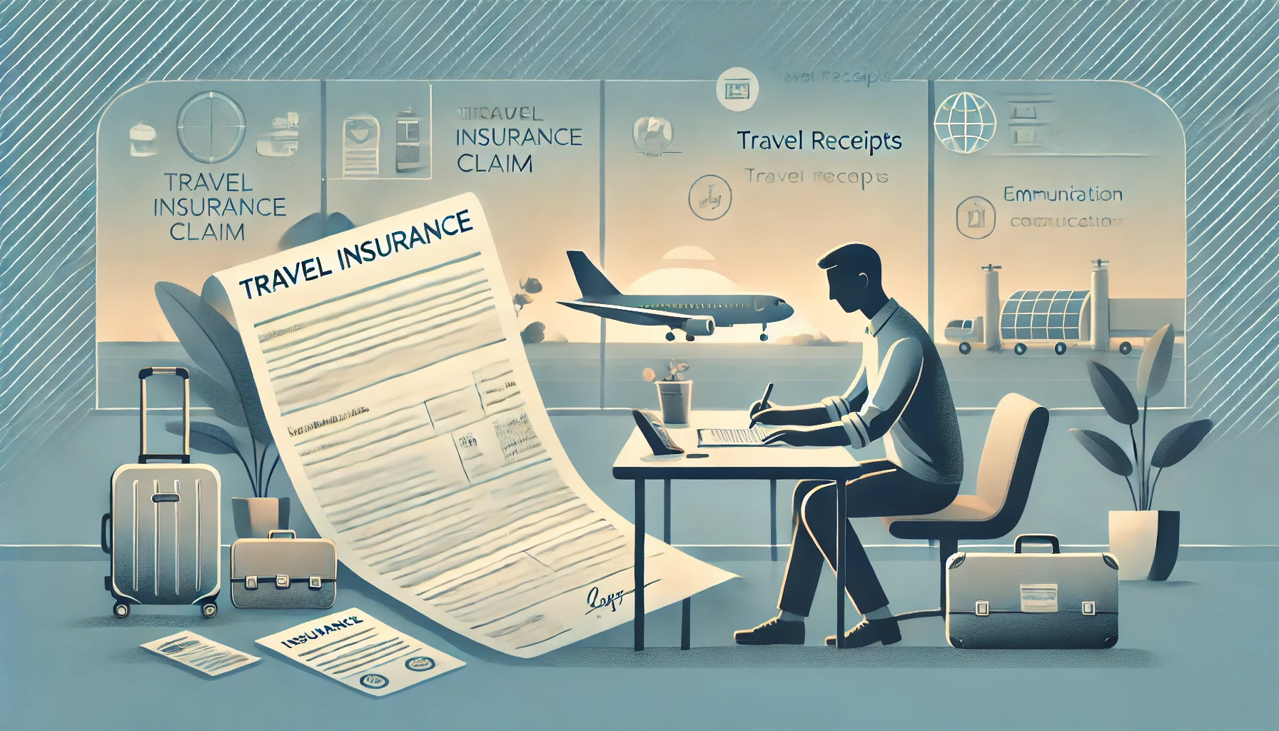 What to Do If You Need to File a Travel Insurance Claim DALL·E 2024-09-23 17.22.59 – A horizontal image showing the process of filing a travel insurance claim. The scene includes a traveler sitting at a desk, filling out a form or usin