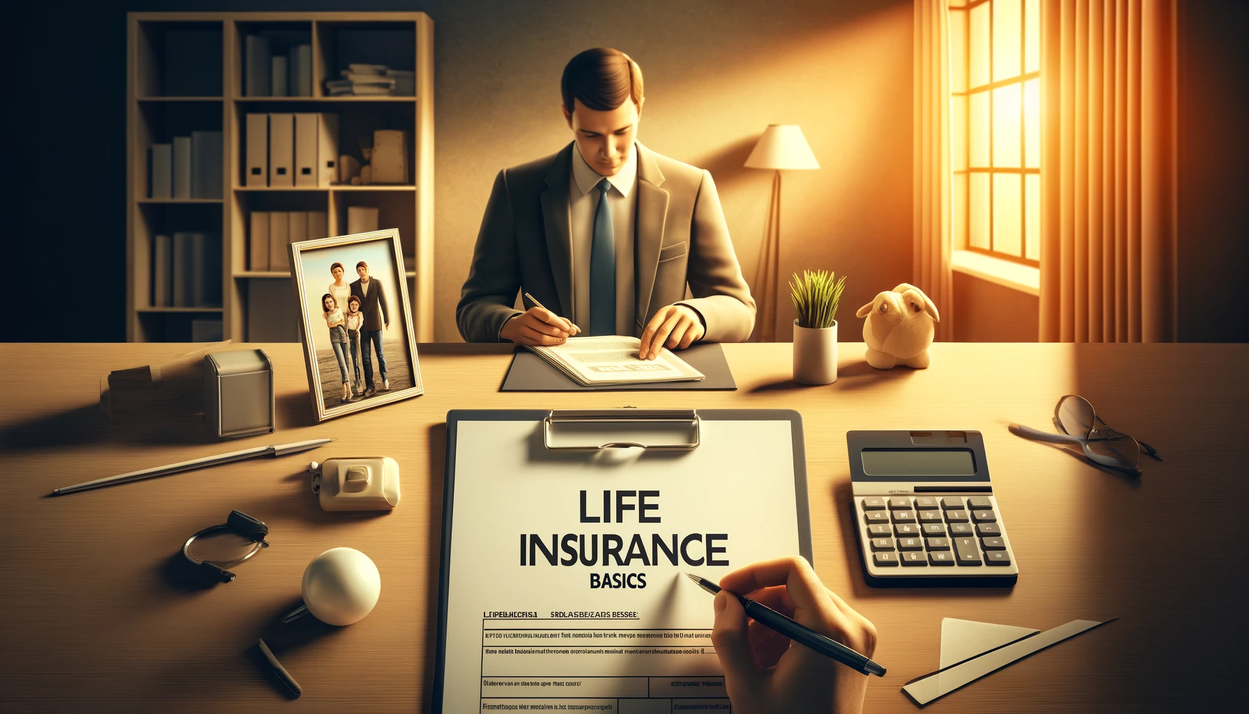 Life Insurance 101: Understanding the Basics DALL·E 2024-09-23 17.27.03 – A horizontal image illustrating the concept of life insurance basics. The scene includes a calm, professional setting with a person sitting at a desk