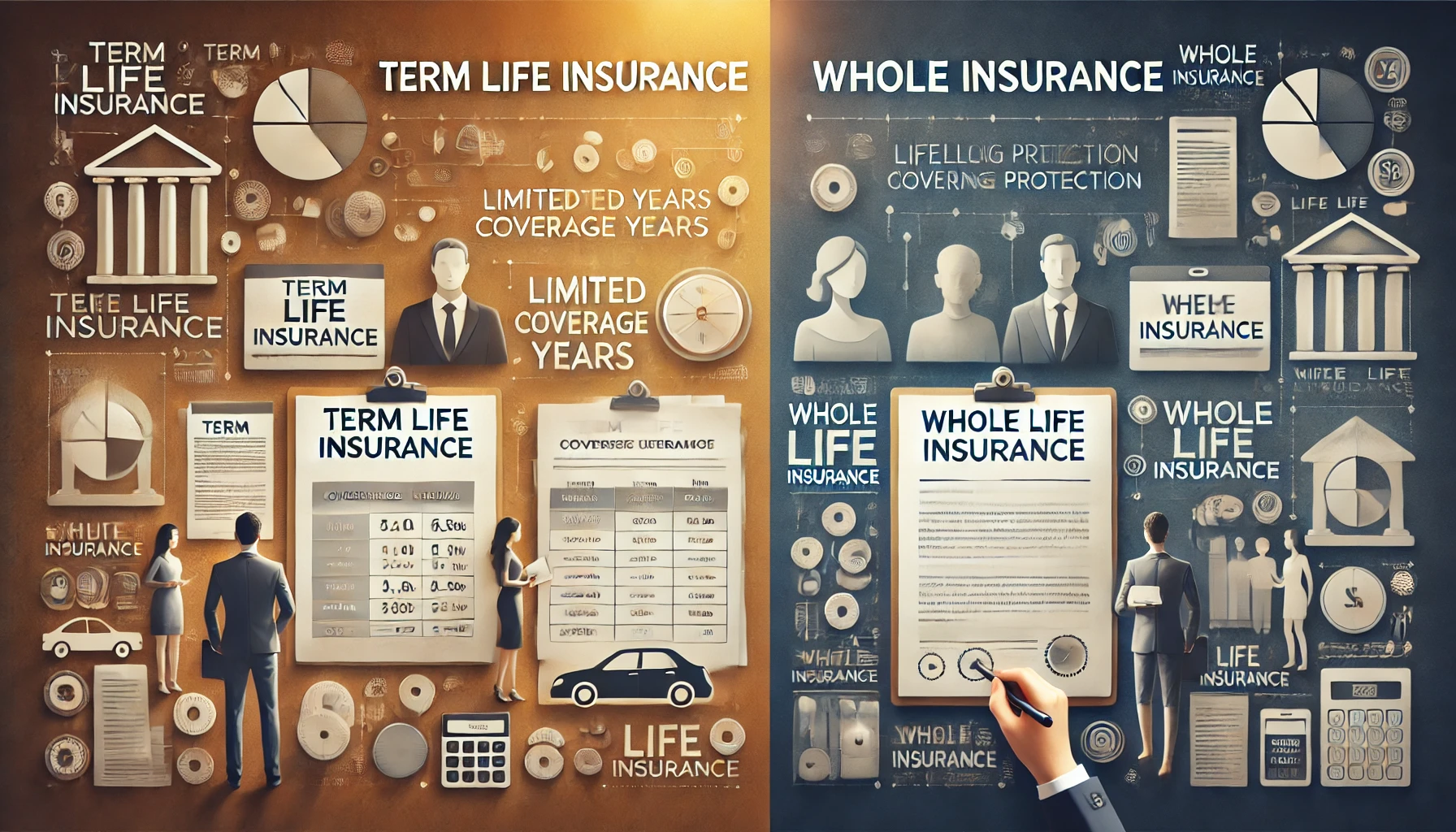 DALL·E 2024-09-23 17.28.48 – A horizontal image representing the comparison between term life insurance and whole life insurance. The scene includes a split view of two different