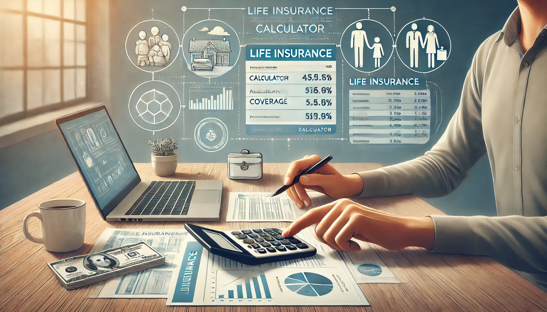 How to Calculate the Right Amount of Life Insurance Coverage DALL·E 2024-09-23 17.30.27 – A horizontal image illustrating the process of calculating the right amount of life insurance coverage. The scene shows a person sitting at a desk wit