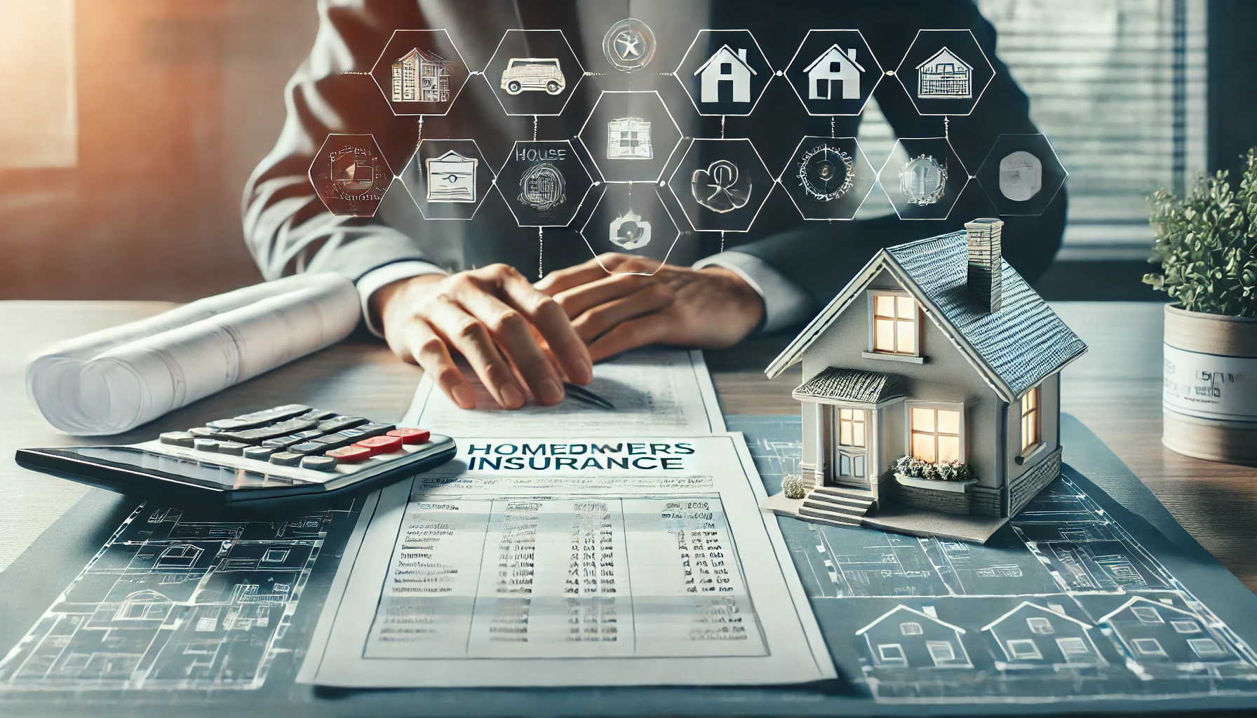 How to Determine the Right Coverage Amount for Your Home DALL·E 2024-09-23 17.43.53 – A horizontal image illustrating the process of determining the right coverage amount for a home. The scene shows a person reviewing a homeowners insur