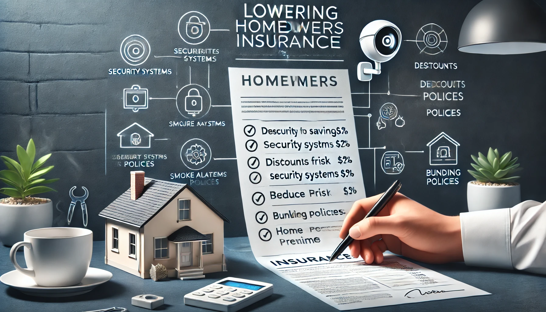 Tips for Lowering Your Homeowners Insurance Premiums DALL·E 2024-09-23 17.48.21 – A horizontal image illustrating tips for lowering homeowners insurance premiums. The scene shows a person reviewing an insurance policy with a pen, hi