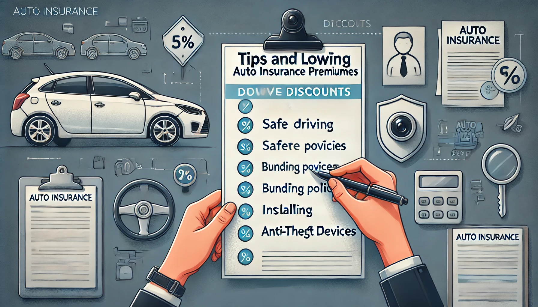 How to Lower Your Auto Insurance Premiums: Tips and Tricks DALL·E 2024-09-23 18.17.24 – A horizontal image illustrating tips and tricks for lowering auto insurance premiums. The scene shows a person reviewing an auto insurance policy with